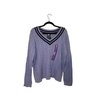 Lands End Womens Cable Knit V Neck Sweater XXL Purple Collegiate Striped NWT